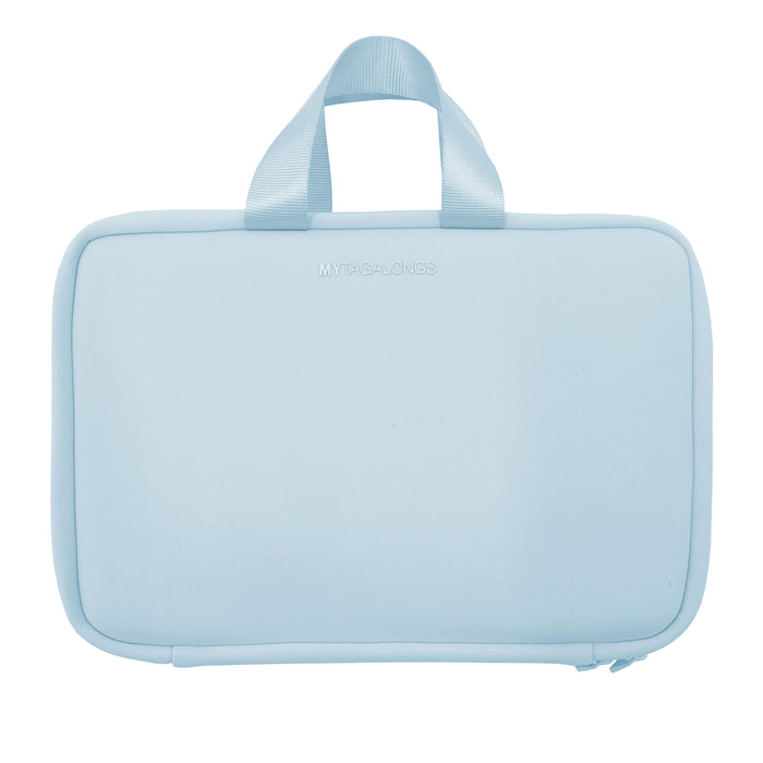 blue hanging travel toiletry case