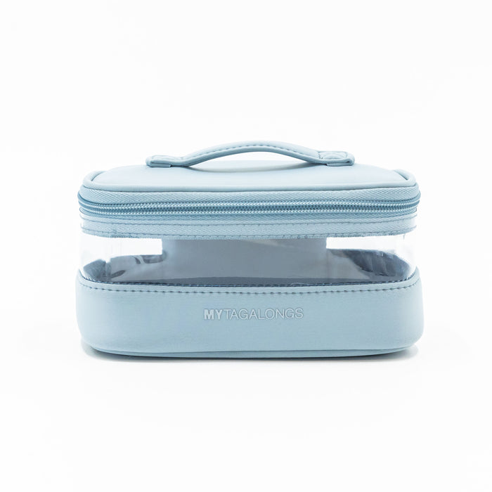 blue mini clear cosmetic train case