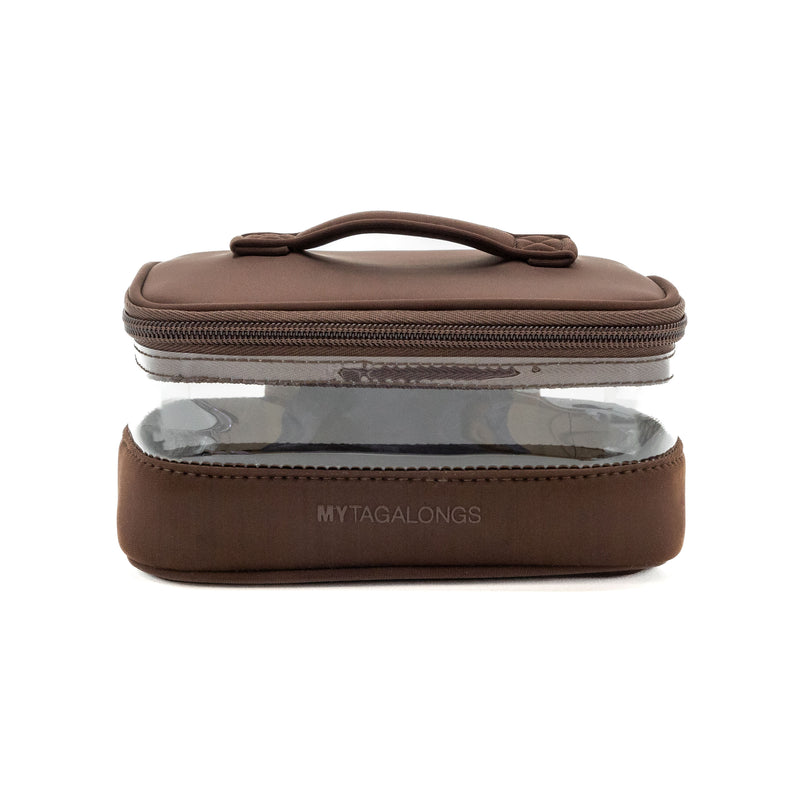 brown mini clear cosmetic train case