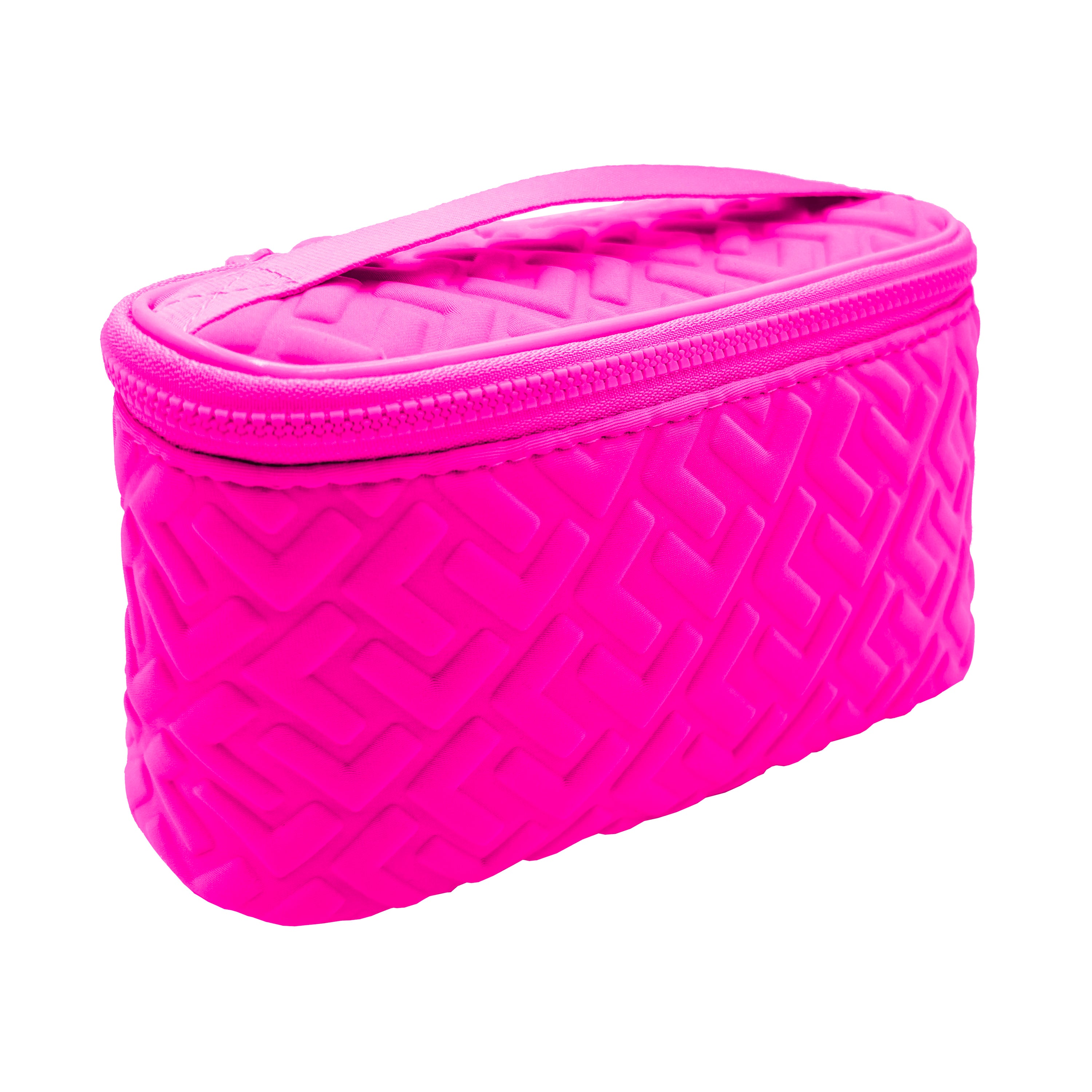 Pink woven patterned cosmetic bag on a white background