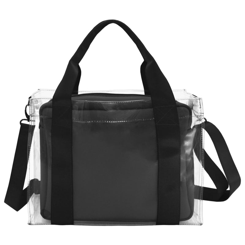 Clear lunch bag with black neoprene insert and shoulder strap