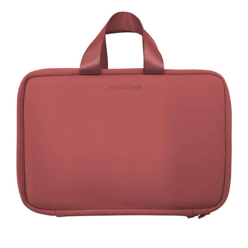 red hanging travel toiletry case