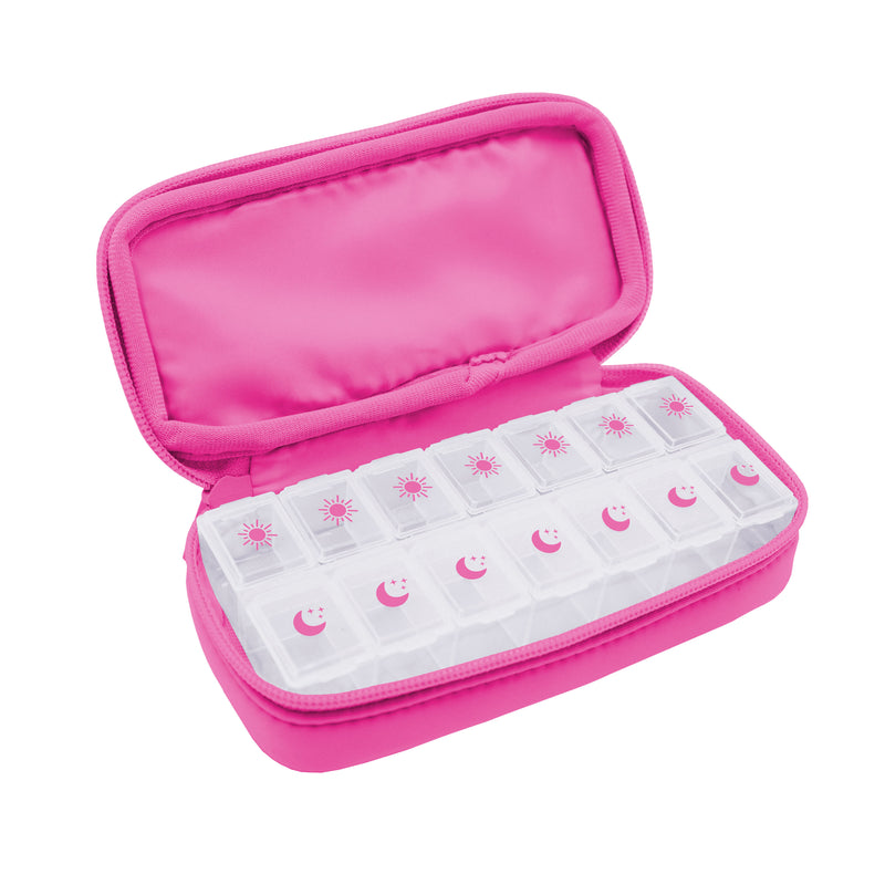 Hot Pink 7 day vitamin organizer with clear plastic insert.