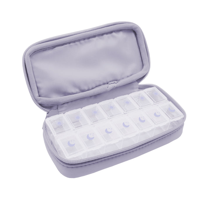 Lilac 7 day vitamin organizer with clear plastic insert.
