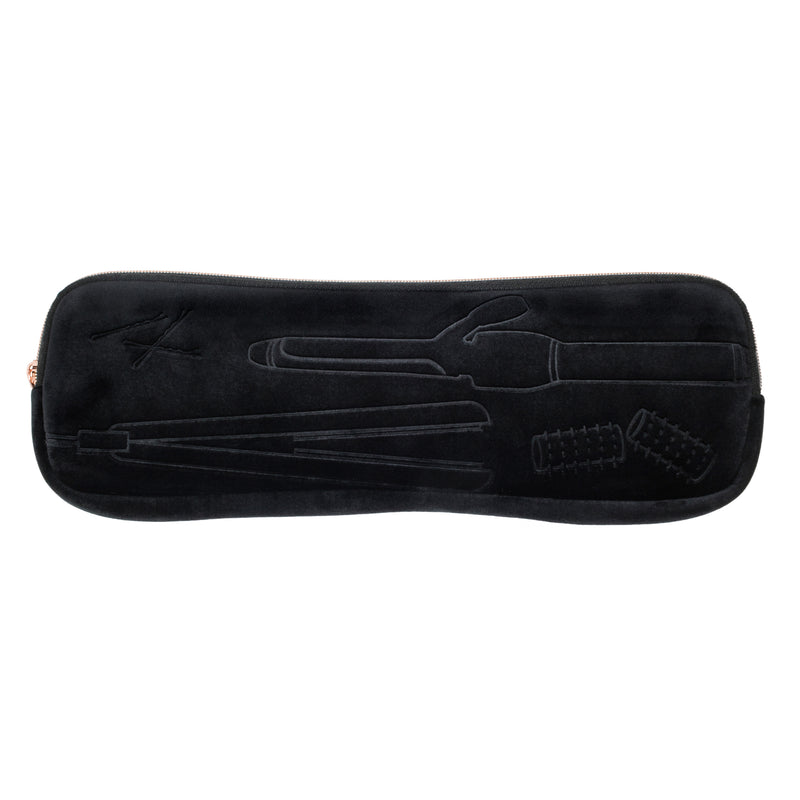 Black velvet flat iron pouch with rosegold zipper