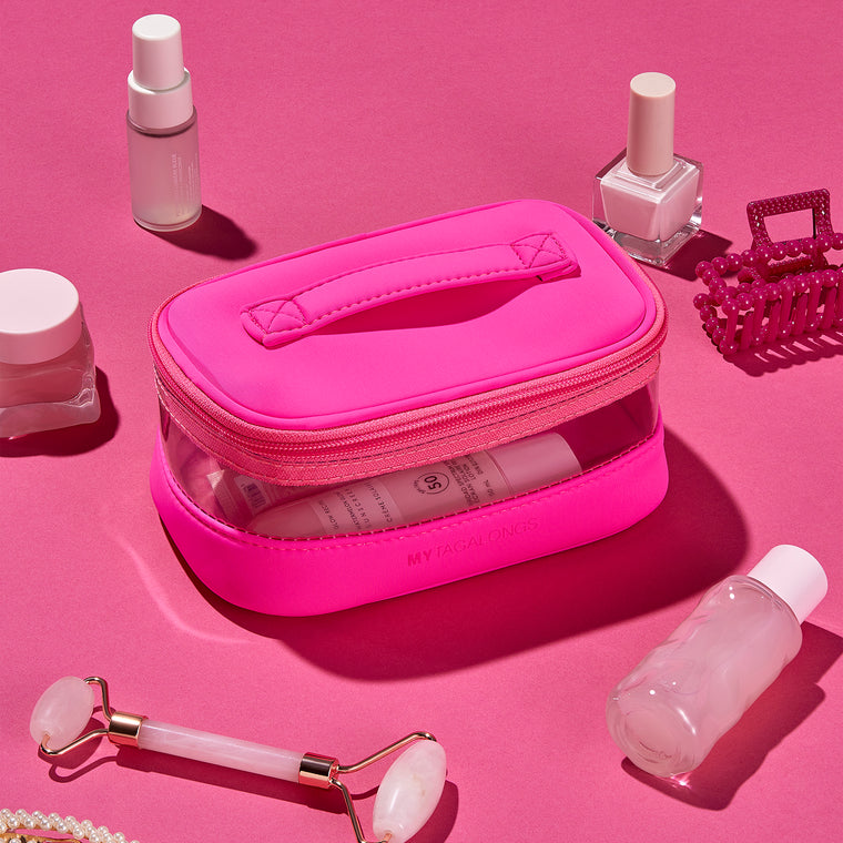 Hot Pink small train case shape cosmetic bag with clear window