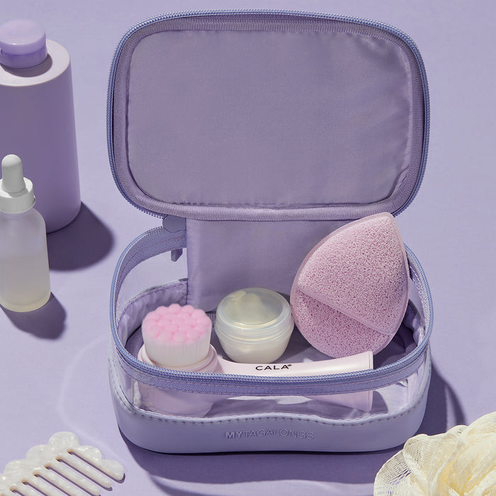 Lilac small train case shape cosmetic bag with clear window