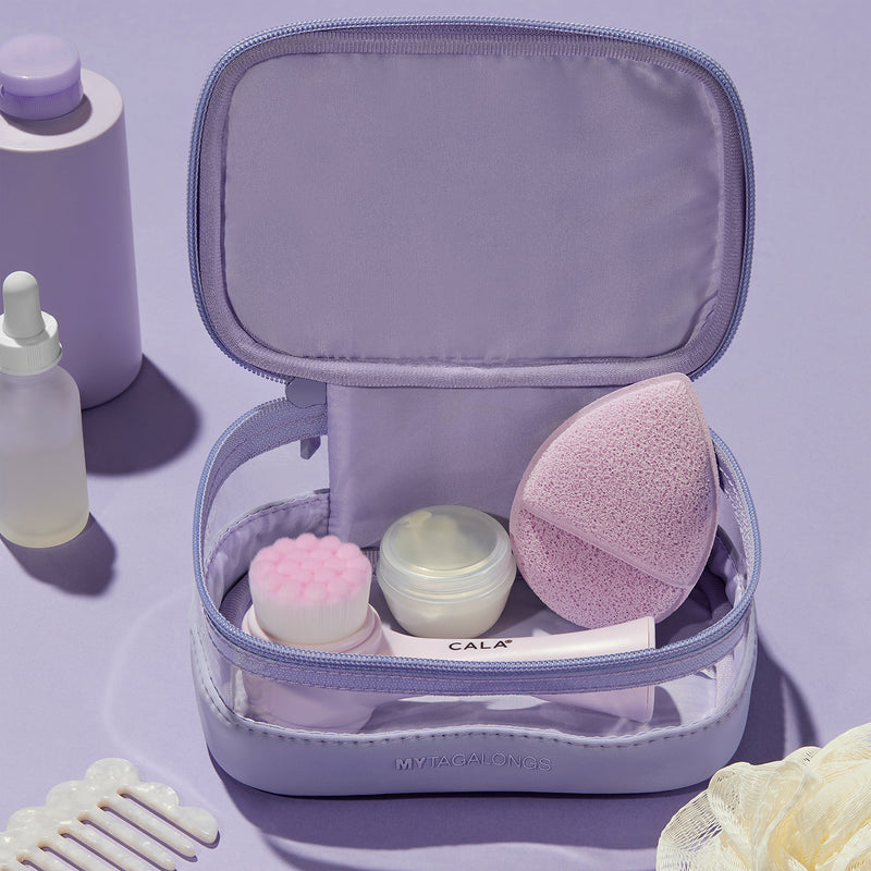 Lilac small train case shape cosmetic bag with clear window