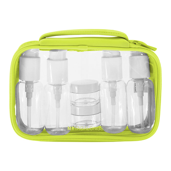 Set of 4 clear refillable travel bottles and 2 refillable jars