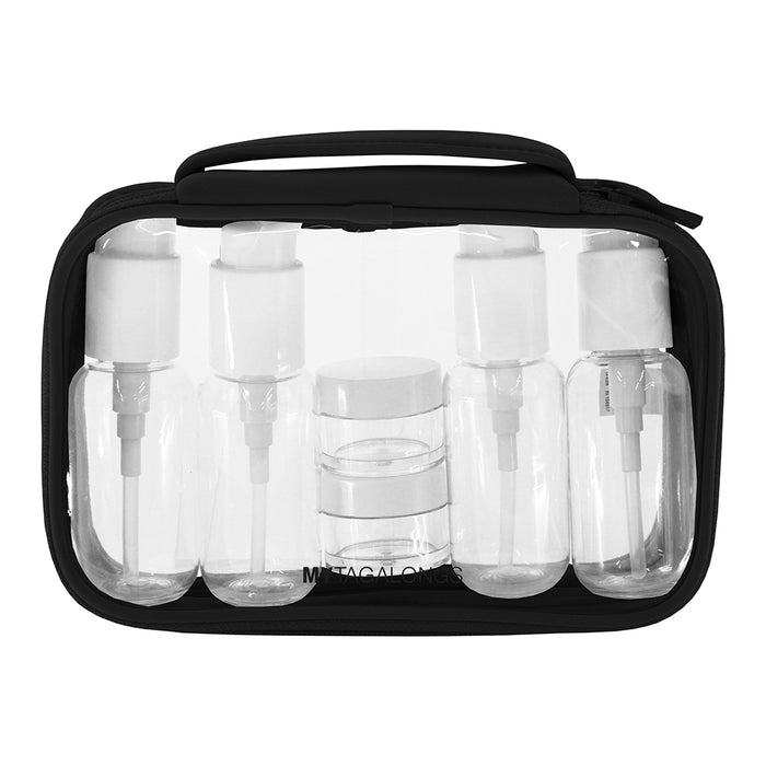 Set of 4 clear refillable travel bottles and 2 refillable jars