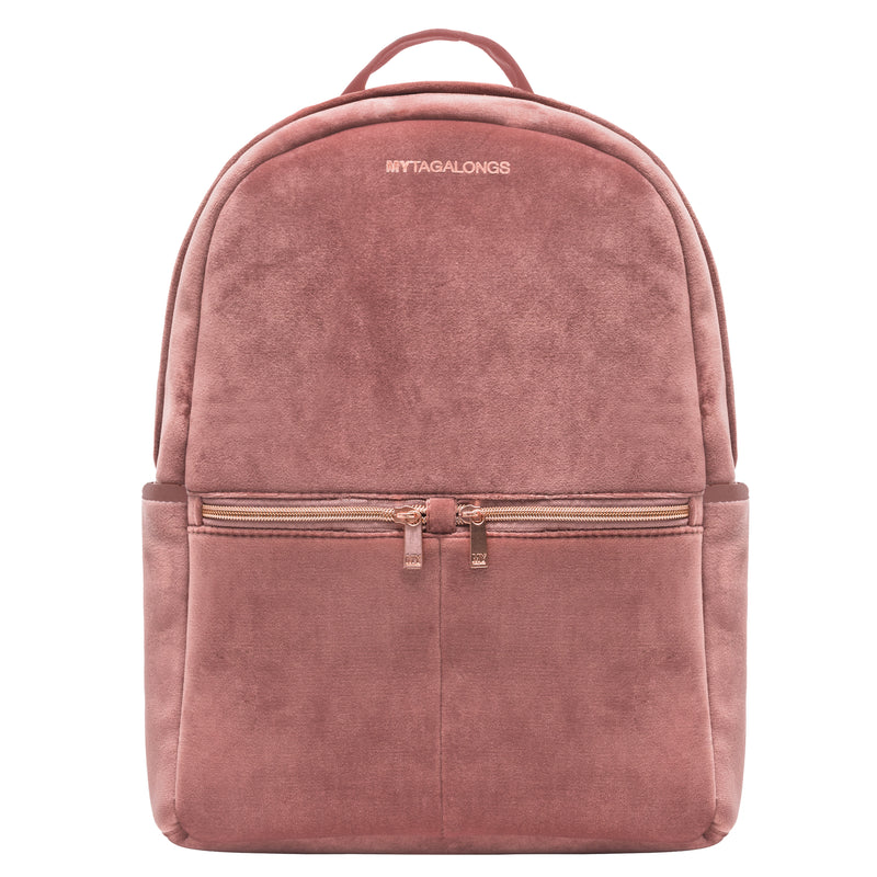 Rose color velvet backpack with rosegold zippers