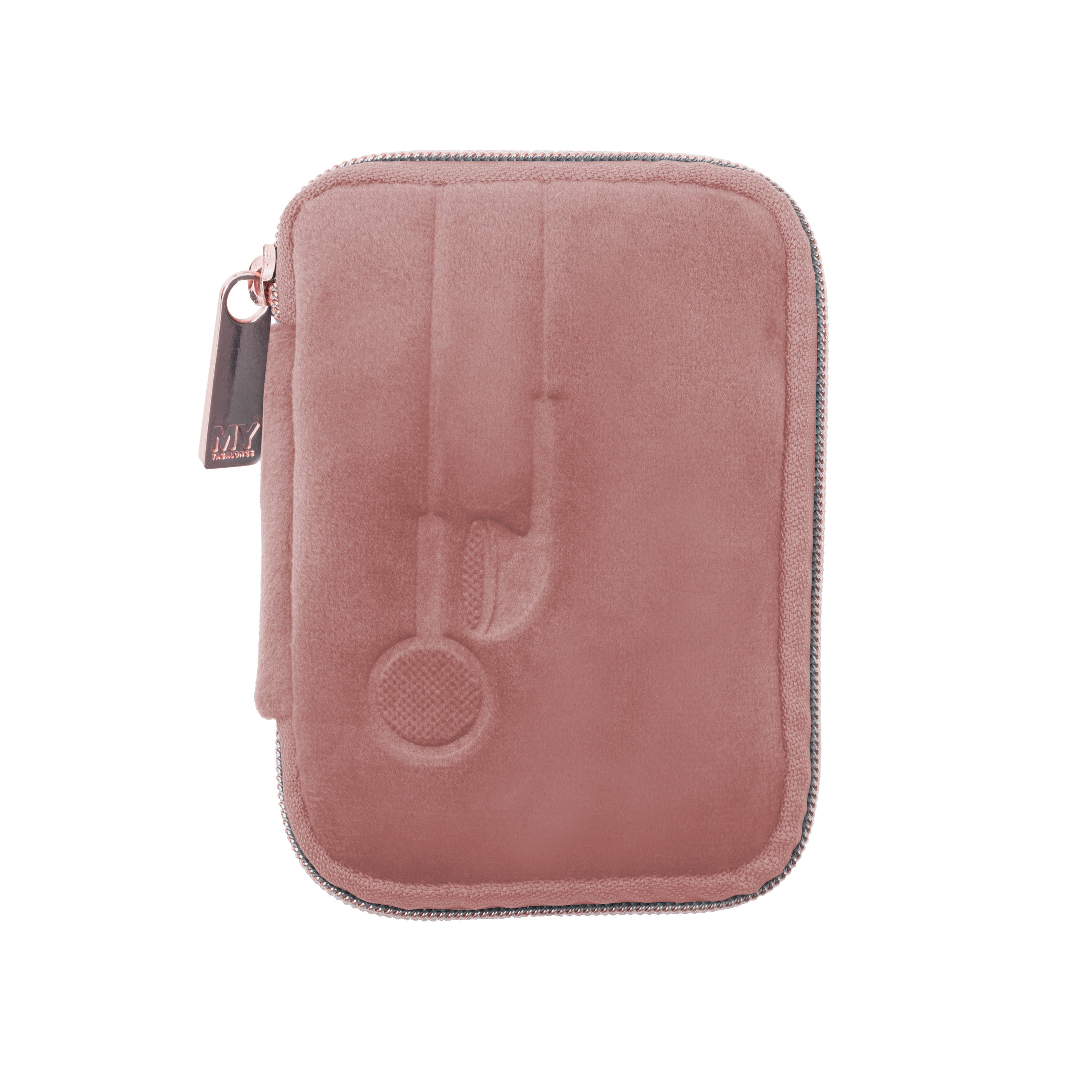 Pink velvet ear bud case with rose gold zipper