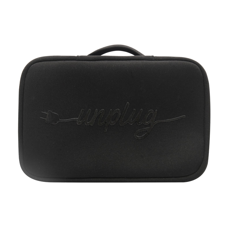 Black neoprene charger case with the word unplug on it