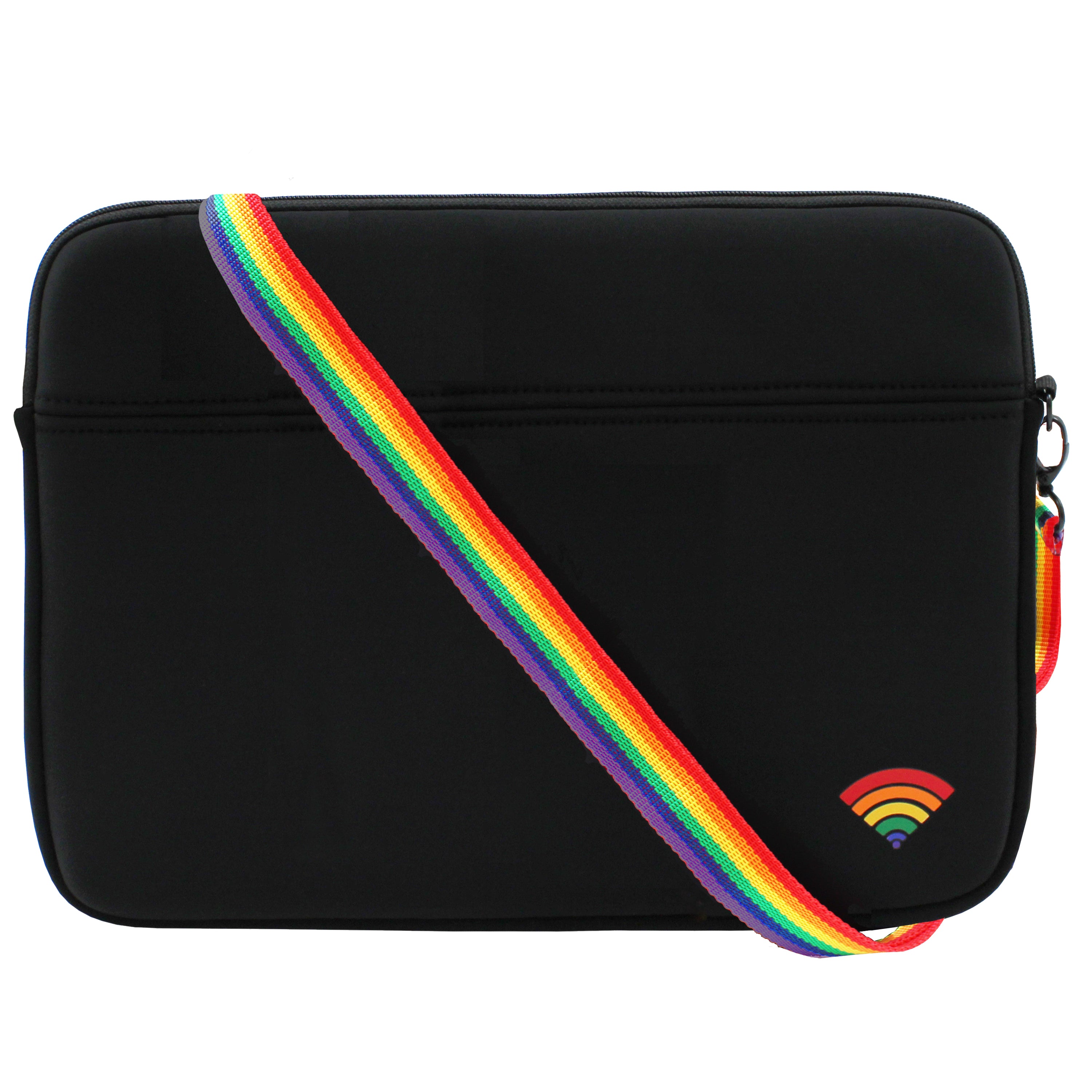 black neoprene laptop sleeve with rainbow colored strap
